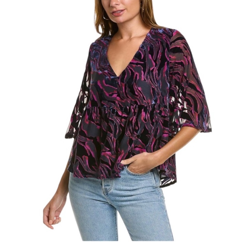 Johnny Was Selene Burnout Velvet & Sheer Flowy Top - 3/4 Length Sleeves - S
